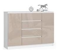 Commode AKORD K140 Blanche 138 cm 2 portes 4 tiroirs façade Cappuccino Brillant 4 étagères 138x40x99 cm Blanc / Cappuccino Brillant G