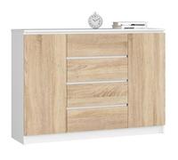 Commode AKORD K140 Blanche 138 cm 2 portes 4 tiroirs façade Chêne Sonoma 4 étagères 138x40x99 cm