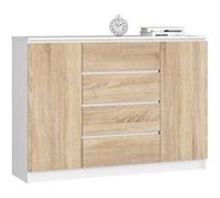 Commode AKORD K140 Blanche 138 cm 2 portes 4 tiroirs façade Chêne Sonoma 4 étagères 138x40x99 cm Blanc / Chêne Sonoma G