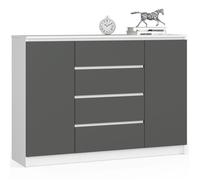 AKORD Commode K 140 cm 4 Tiroirs et 2 Portes pour Le Salon| Chambre | Bureau Salon Design Moderne Fonctionnel Panneau Stratifié | Couleur Blanc/Gris Graphite