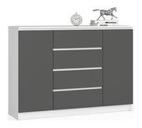 Commode AKORD K140 Blanche 138 cm 2 portes 4 tiroirs façade Gris Graphite 4 étagères 138x40x99 cm Blanc / Gris Graphite G