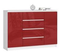 Commode AKORD K140 Blanche 138 cm 2 portes 4 tiroirs façade Rouge Brillante 4 étagères 138x40x99 cm Blanc / Rouge Brillant G