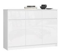 Commode AKORD K140 Blanche 138 cm 3 portes 3 tiroirs façade Blanche Brillante 6 étagères 138x40x99 cm Blanc / Blanc Brillant G