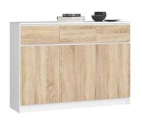 Commode AKORD K140 Blanche 138 cm 3 portes 3 tiroirs façade Chêne Sonoma 6 étagères 138x40x99 cm Blanc / Chêne Sonoma G