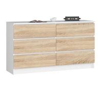 Commode AKORD K140 Blanche 138 cm 6 tiroirs façade Chêne Sonoma 138x40x77 cm