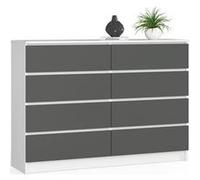 Commode AKORD K140 Blanche 138 cm 8 tiroirs façade Gris Graphite 138x40x99 cm Blanc / Gris Graphite G
