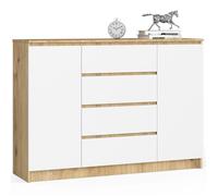 AKORD Commode K 140 cm 4 Tiroirs et 2 Portes pour Le Salon| Chambre | Bureau Salon Design Moderne Fonctionnel Panneau Stratifié | Chêne Artisan & Façade Blanc