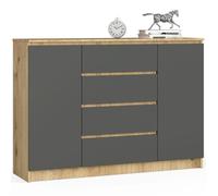Commode AKORD K140 Chêne Artisan 138 cm 2 portes 4 tiroirs façade Gris Graphite 4 étagères 138x40x99 cm