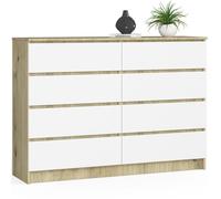Commode AKORD K140 Chêne Artisan 138 cm 8 tiroirs façade Blanche 138x40x99 cm