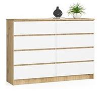 Commode AKORD K140 Chêne Artisan 138 cm 8 tiroirs façade Blanche 138x40x99 cm