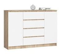 Commode akord k140 chêne sonoma 138 cm 2 portes 4 tiroirs façade blanche 4 étagères 138x40x99 cm Blanc G
