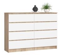 Commode AKORD K140 Chêne Sonoma 138 cm 8 tiroirs façade Blanche 138x40x99 cm