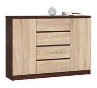 Commode AKORD K140 Wengé 138 cm 2 portes 4 tiroirs façade Chêne Sonoma 4 étagères 138x40x99 cm Wengé / Chêne Sonoma G