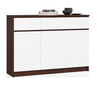 Commode AKORD K140 Wengé 138 cm 3 portes 3 tiroirs façade Blanche 6 étagères 138x40x99 cm