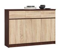 Commode AKORD K140 Wengé 138 cm 3 portes 3 tiroirs façade Chêne Sonoma 6 étagères 138x40x99 cm