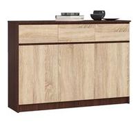 Commode AKORD K140 Wengé 138 cm 3 portes 3 tiroirs façade Chêne Sonoma 6 étagères 138x40x99 cm Wengé / Chêne Sonoma G