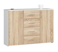 Commode AKORD K45 Blanche 110 cm 2 portes 4 tiroirs façade Chêne Sonoma 4 étagères 110x35x80 cm