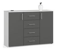 Commode AKORD K45 Blanche 110 cm 2 portes 4 tiroirs façade Gris Graphite 4 étagères 110x35x80 cm Blanc, Gris graphite
