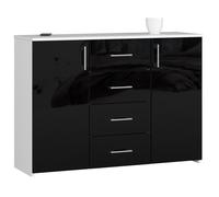 Commode AKORD K45 Blanche 110 cm 2 portes 4 tiroirs façade Noir Brillant 4 étagères 110x35x80 cm