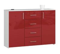 Commode AKORD K45 Blanche 110 cm 2 portes 4 tiroirs façade Rouge Brillante 4 étagères 110x35x80 cm