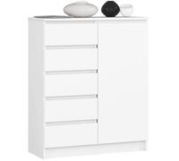 AKORD Kommode K-100 avec 1 Portes et 5 Tiroirs | pour Le Salon Chambre à Coucher | Moderne | Plateau Laminé 16mm | 80 x 35 x 97 cm | Blanc & Blanc