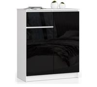 Commode AKORD K80 Blanche 80 cm 2 portes 1 tiroir façade Noir Brillant 4 étagères 80x40x99 cm