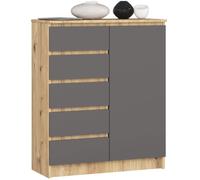 Commode AKORD K80 Chêne Artisan 80 cm 1 porte 5 tiroirs façade Gris Graphite 3 étagères 80x35x97 cm