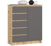 Commode AKORD K80 Chêne Artisan 80 cm 1 porte 5 tiroirs façade Gris Graphite 3 étagères 80x35x97 cm Chêne Artisan, Gris graphite