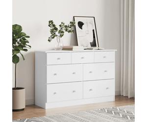 Commode ALTA blanche en pin massif - 112 x 35 x 73 cm - Avec 7 tiroirs de rangement - Buffet pour chambre à coucher, salon, couloir - Peu encombrant et polyvalent