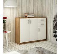 Commode avec 2 tiroirs et 3 portes en finition mate, commode de 110 cm de large avec poignées en polymère de haute qualité, commode en bois avec tiroirs - En panneau laminé blanc Sonoma