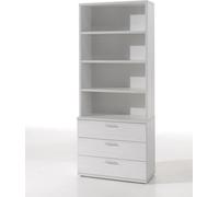 Commode avec 3 tiroirs et 3 modules d'étagères en blanc effet bois, collection OLVENA