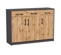 Commode avec 3 tiroirs et 3 portes en finition mate, commode de 110 cm de large avec poignées en polymère de haute qualité, commode en bois avec tiroirs - Fabriquée en panneau laminé chêne graphite