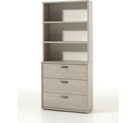 Commode avec 3 tiroirs et un module d'étagères avec 3 compartiments en couleur chêne clair, collection DANY.