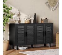 Commode avec 4 Portes en Rotin, Meuble de Rangement Vintage avec Pieds en Bois Massif, Commode Moderne Chambre pour Salon avec Dispositif Anti-Basculement Buffet Bas Cuisine(Noir-4, 140x40x80)