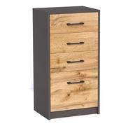 Commode avec 4 tiroirs avec surface mate, commode de 45 cm de large, armoire en bois, commode avec tiroirs, buffet, buffet haut, buffet, chambre, salon, couloir, bureau, organiseur, chêne graphite
