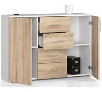 Commode avec 4 tiroirs et deux portes, buffet, meuble multifonction, salon, salle à manger, 110 x 80 x 35 cm, beaucoup de couleurs (blanc/chêne Sonoma), taille unique