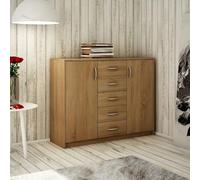 Commode avec 5 tiroirs et 2 portes en finition mate, commode de 110 cm de large avec poignées en polymère de haute qualité, commode en bois avec tiroirs - Fabriquée en panneau laminé Sonoma