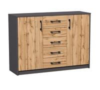 Commode avec 5 tiroirs et 2 portes en finition mate, commode de 110 cm de large avec poignées en polymère de haute qualité, commode en bois avec tiroirs - Fabriquée en panneau laminé chêne graphite