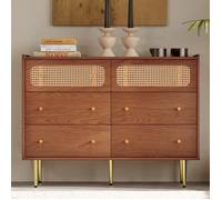 Commode avec 6 tiroirs, Buffet bas en bois massif, Décor en rotin, Pièds en métal, 120 x 40 x 90 cm