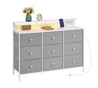 Commode, Meuble De Rangement Avec 9 Tiroirs Et Éclairage Led, Multiprise, Cadre En Acier, 33,5 X 114 X 84 Cm, Gris Tourterelle Gris