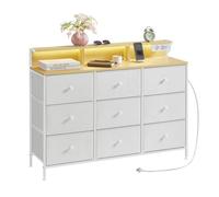 Commode avec 9 Tiroirs et Éclairage LED, Multiprise, Cadre en Acier, 33,5 x 114 x 84 cm, pour Chambre, Salon, Blanc Nuage
