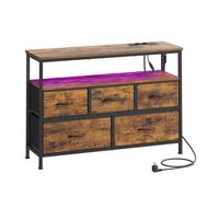 Commode avec LED Réglable et Multiprise, 5 Tiroirs en Tissu, Style Moderne, Chambre, Marron et Noir