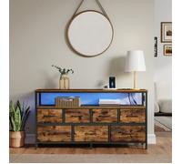 Commode avec LED Réglable et Multiprise, 7 Tiroirs en Tissu, Style Industriel, Chambre, Marron et Noir