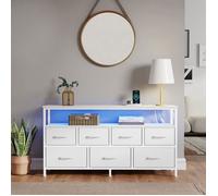 Commode avec LED Réglable et Multiprise, 7 Tiroirs en Tissu, Style Moderne, Chambre, Blanc
