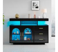 Commode avec tiroirs, buffet noir brillant avec éclairage LED et contrôle par application - Meuble TV 120 cm, buffet pour salon et cuisine, 3 tiroirs et compartiment d'armoire