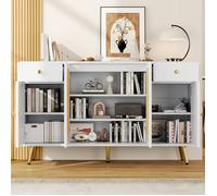 Commode avec tiroirs et portes - 140x35x82 cm - Naturel et Blanc - Panneau de particules - 2 tiroirs - 4 portes