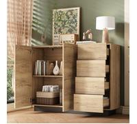 Commode avec tiroirs et portes - L120 x P35.5 x H90.5 cm - Naturel et Noir - Panneau de particules - Quatre tiroirs