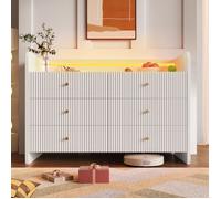 Commode Blanche 6 Tiroirs avec LED, Façades Cannelées & Niche Lumineuse, Sideboard Moderne 120×40×75 cm pour Salon & Chambre