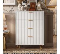Commode Blanche 60x34x91cm en Bois 4 Tiroirs Cannelés Chic Rangement Salon Buffet Doré Meuble d'Entrée Moderne