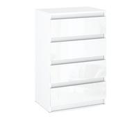Commode blanche brillante à 4 tiroirs, meuble TV de 60 cm, meuble de salon ou de chambre à coucher